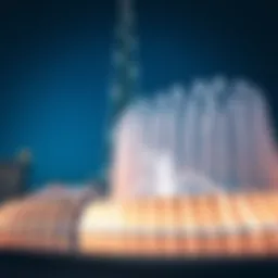 Burj Khalifa Fountain illuminated at night