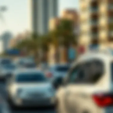 Busy street scene in Dubai with parked cars
