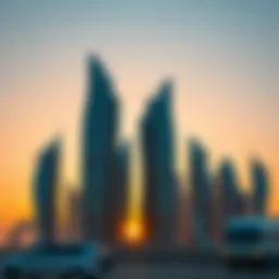 Futuristic skyscrapers against a sunset