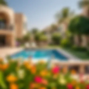 Serene Outdoor Spaces in Dubai Villas Scenic view of a villa's backyard with a pool and landscaped garden