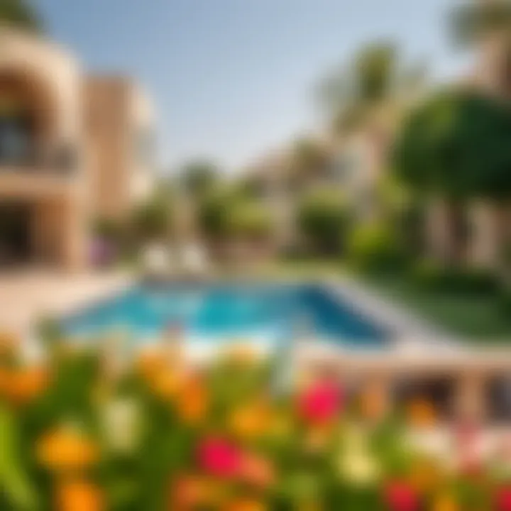 Serene Outdoor Spaces in Dubai Villas Scenic view of a villa's backyard with a pool and landscaped garden