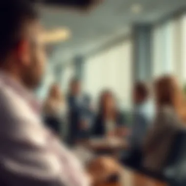 Engagement in Real Estate Transactions A bustling real estate office with professionals engaged in discussions