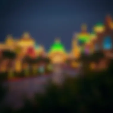 Evening lights illuminating the iconic structures of Global Village