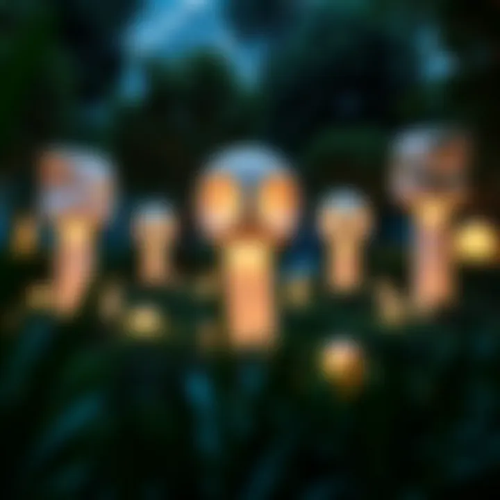 Art Meets Nature: Sculptures in a Glow Garden An artistic installation featuring glowing sculptures surrounded by lush greenery