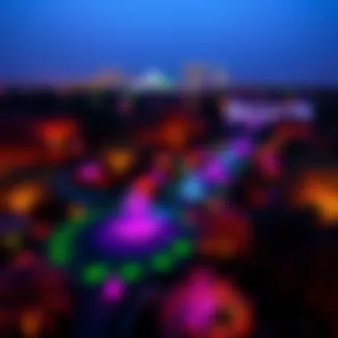Illuminated Oasis: A Panoramic Glow Garden View A panoramic view of a glow garden illuminated with colorful lights