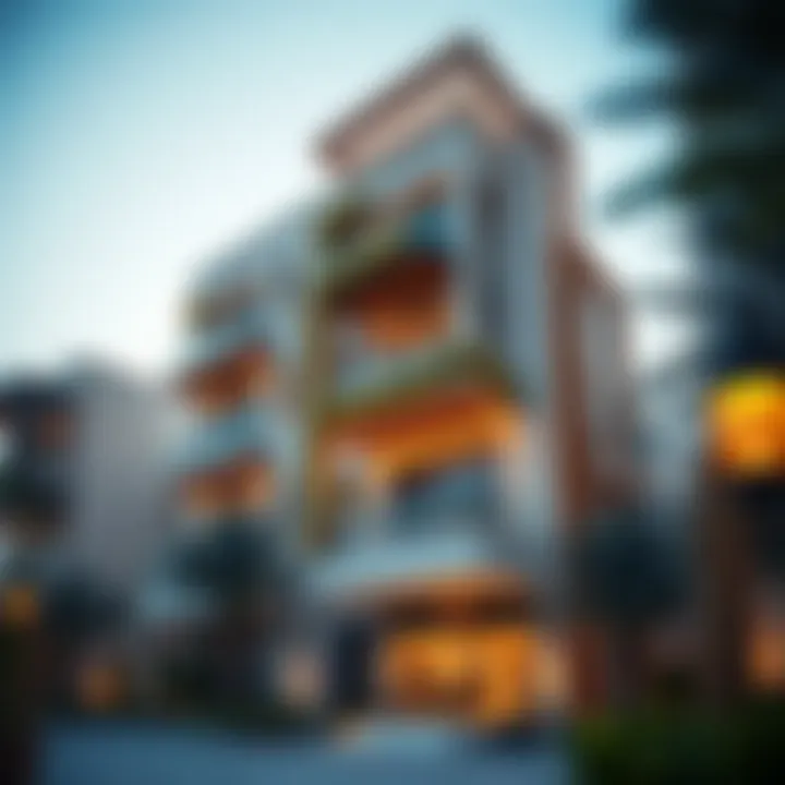 Modern Residential Building with Ramadan Decor A modern residential building in Dubai adorned with Ramadan-themed decorations, merging tradition with contemporary architecture.