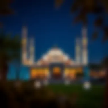 Serene Mosque View at Night A serene view of a mosque illuminated at night, symbolizing spiritual reflection during Ramadan.
