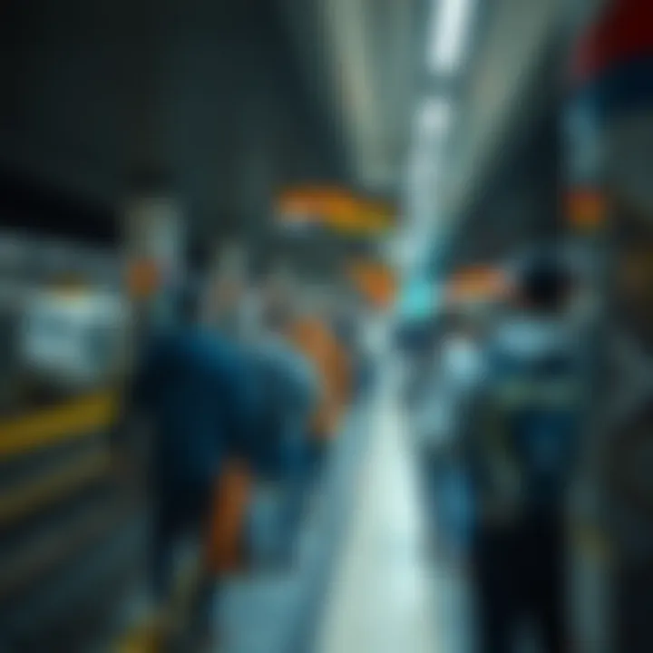 A bustling metro station with commuters heading towards Nakheel Mall