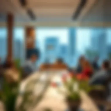 Real Estate Investments in Dubai A bustling real estate office in Dubai with professionals discussing investments