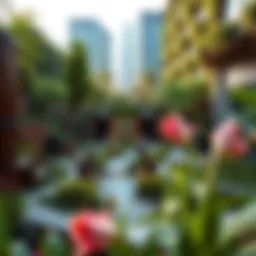 A vibrant urban garden showcasing diverse plant species and modern design elements