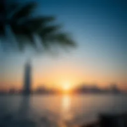 A breathtaking sunrise over Dubai's skyline reflecting on the water