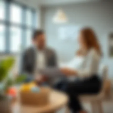 Consultation for Nursery Selection A parent reviewing nursery options with a consultant in a professional setting.