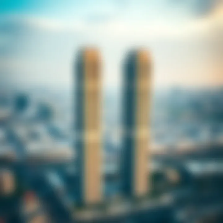 Two Towers in Dubai's Urban Landscape Aerial perspective of the Two Towers Building amidst Dubai's skyline